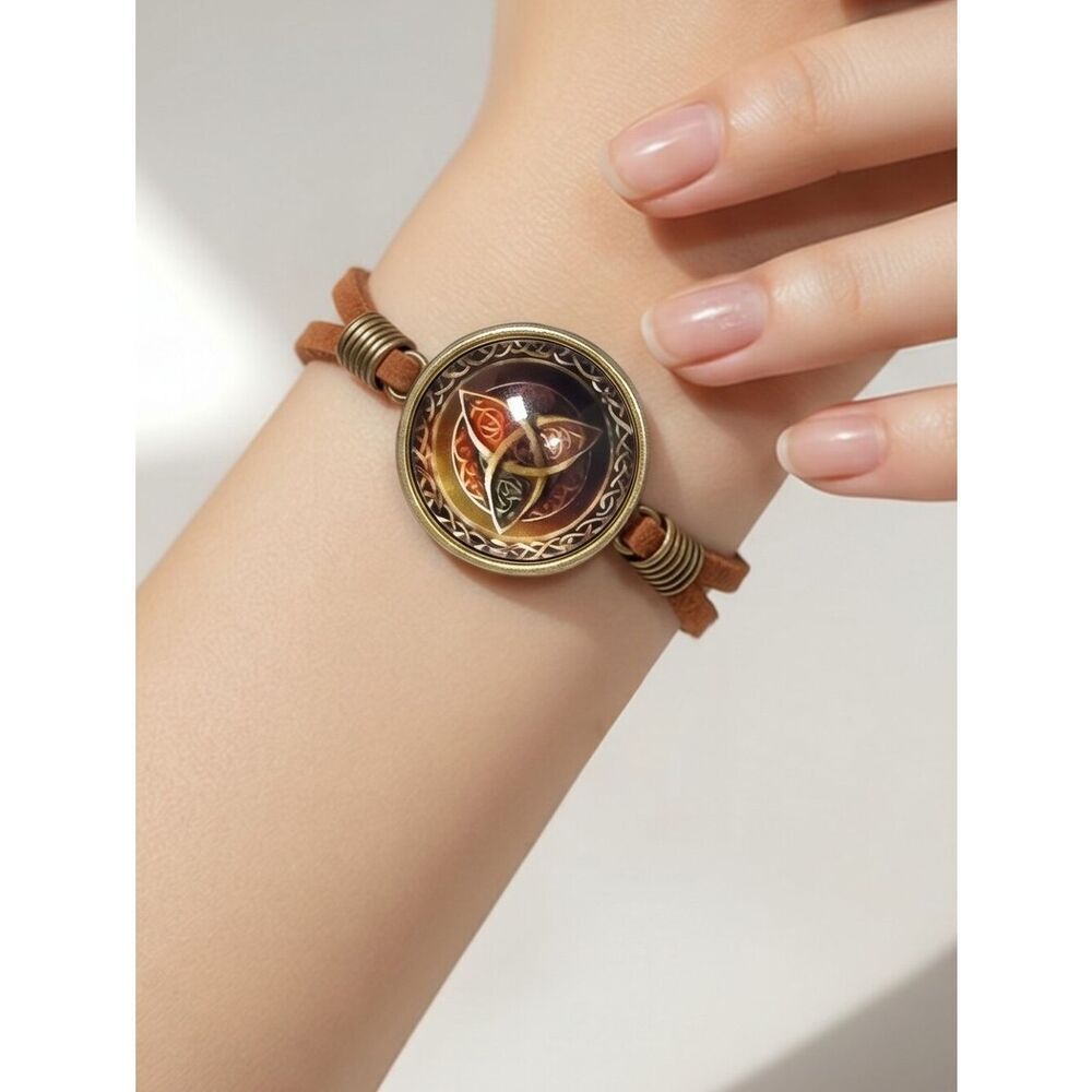 Celtic Witch Knot Brown Suede Bracelet ✨ Bronze Boho Glass Dome Cabochon Charm